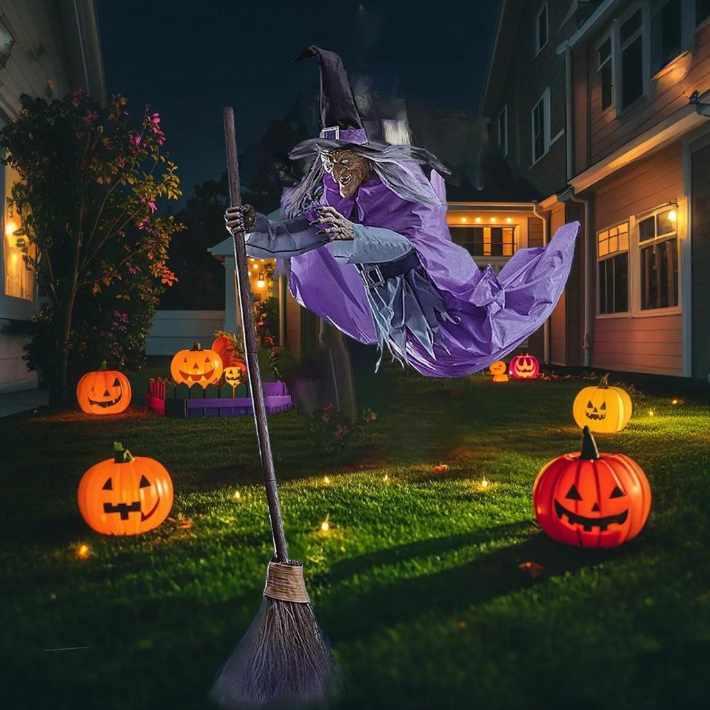 Flying Witch Halloween Decor Hover Witch Horror props with Scary Sound Halloween decor garden broom witch for Garden Yard Lawn