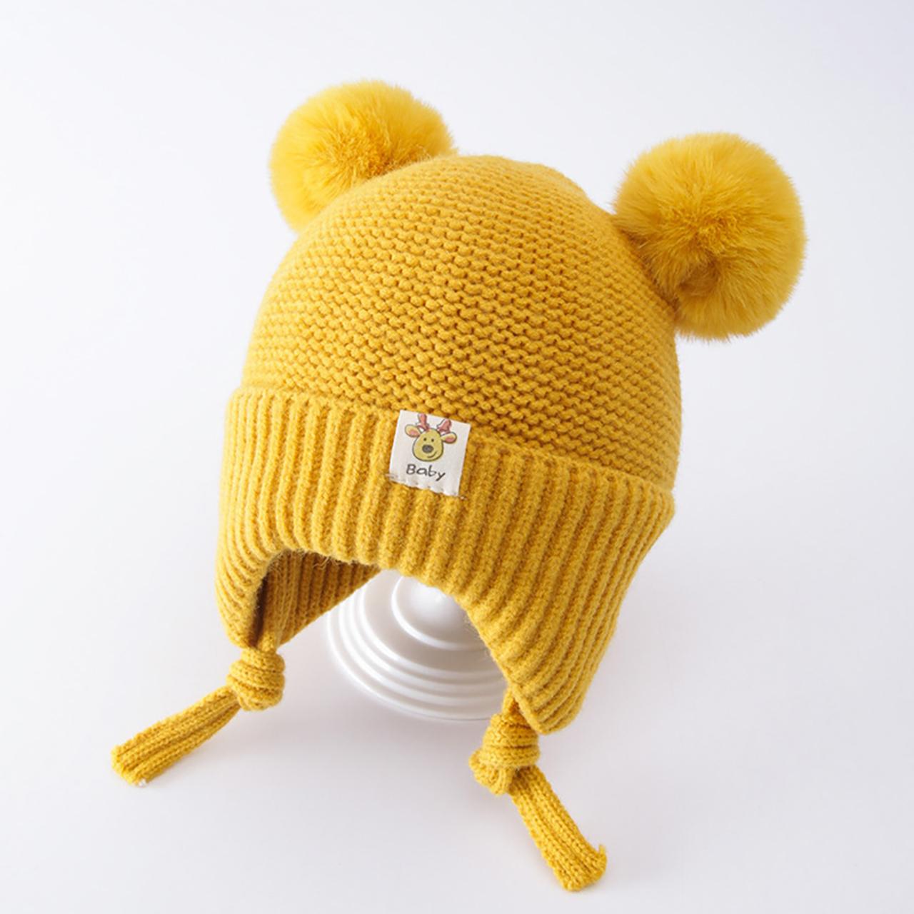 

Милая детская зимняя шапка с двойными помпонами, теплая вязаная шапка с защитой ушей, для малышей, мальчиков и девочек, с утолщенной хлопковой подкладкой, с наушниками, шапка-бини жёлтый