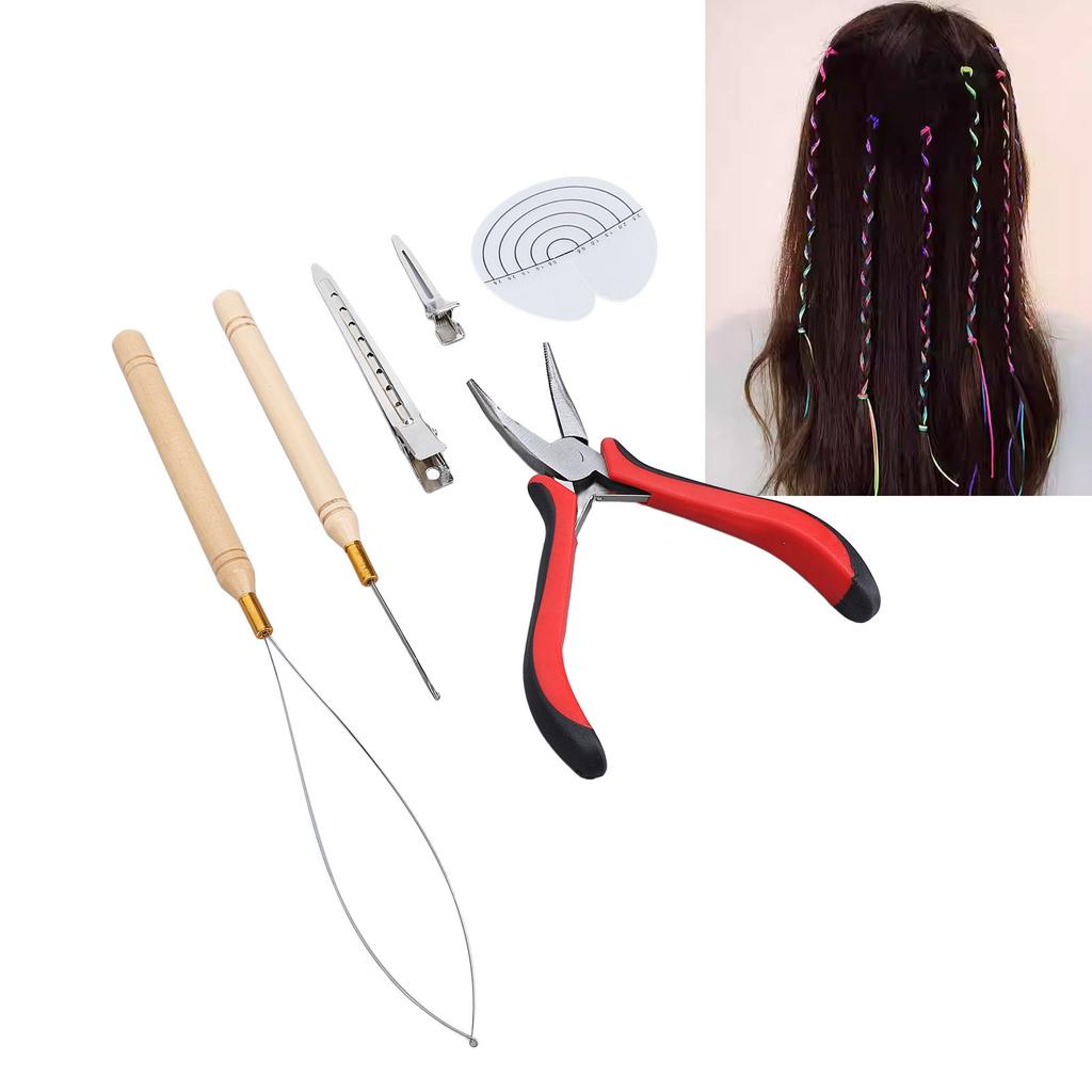 Micro Rings Bead Device Tool Kit Wooden Handle Pulling Hook Needle Hair Extensions Bead Spacer Template Set
