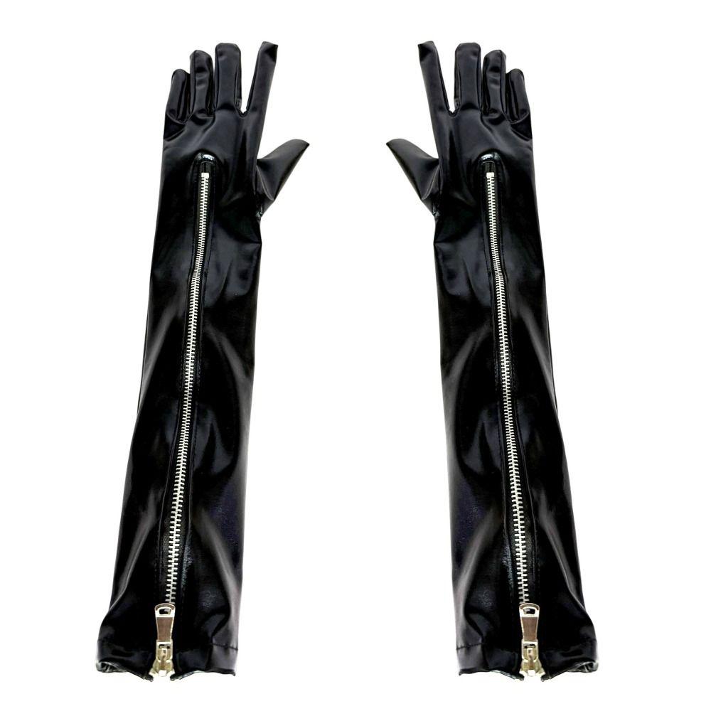 Elastic Patent Leather Black Gloves Shiny Women Gloves Fashion Zipper Long Gloves  Women