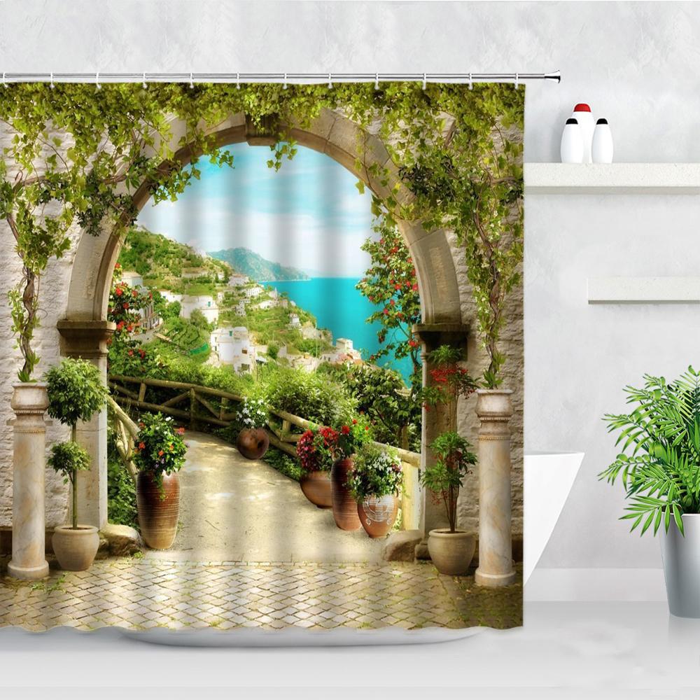 Fleurs Rouges Porte Grecque Bleue Avec Vue Sur Mer Sur Île Rideaux de Douche Tissu Imperméable Ensemble de Rideaux de Salle de Bain Décoration de Baignoire pour la Maison