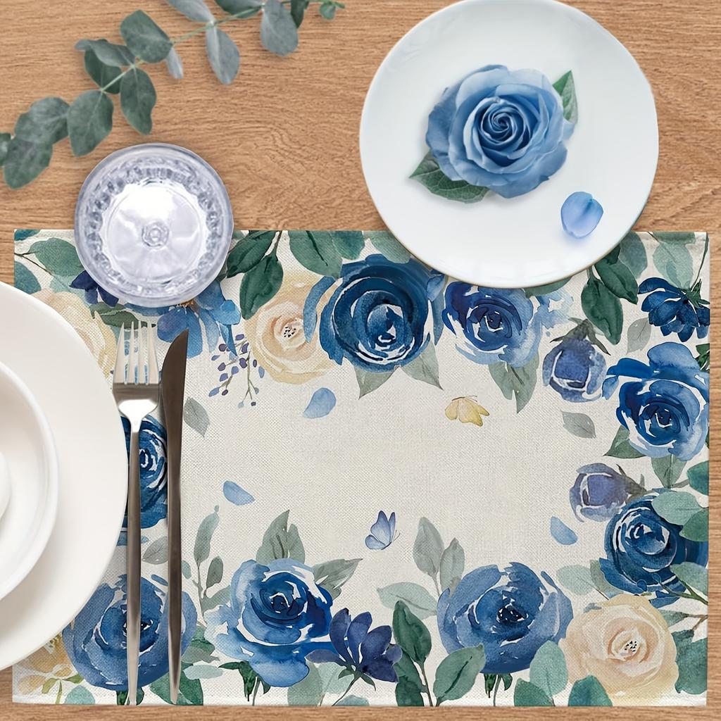 4pcs Blue & White Rose Floral Placemats – Elegant Watercolor Design, Machine Washable, Perfect for Spring/Summer Dining Parties