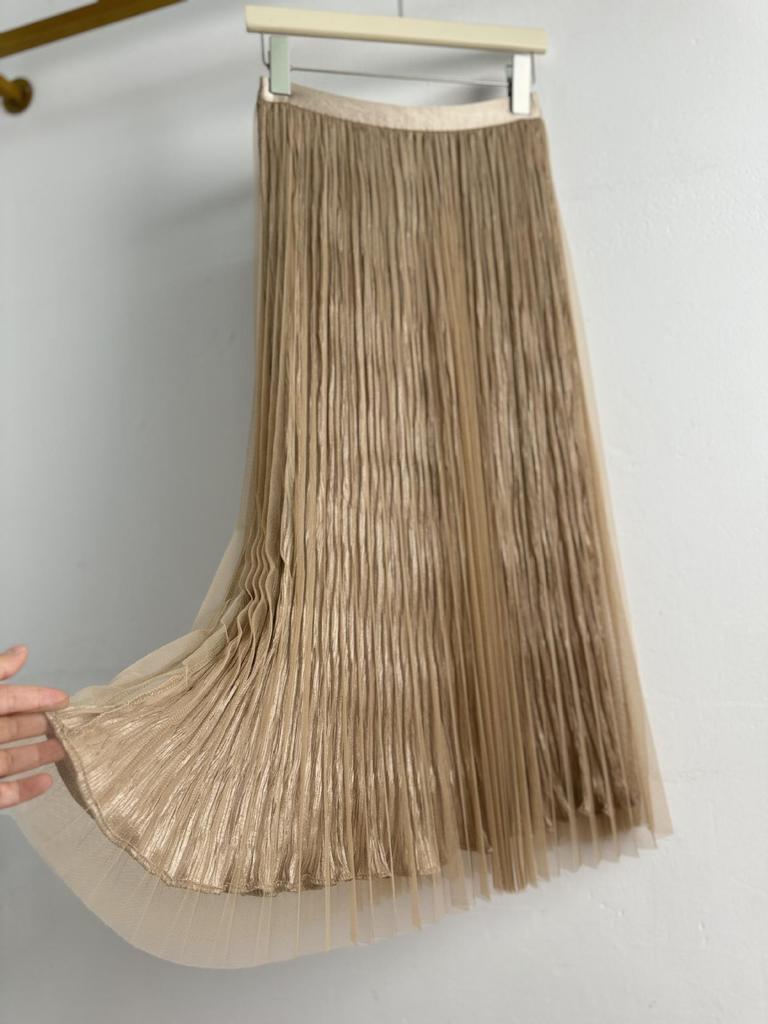 Reversible Crushed Pleated Midi A-Line Skirt with High-End European & American Style