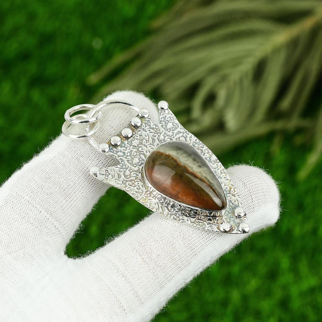 925 Silver Pear Polychrome Jasper Stone Bezel Sister Engagement Art Deco Pendant