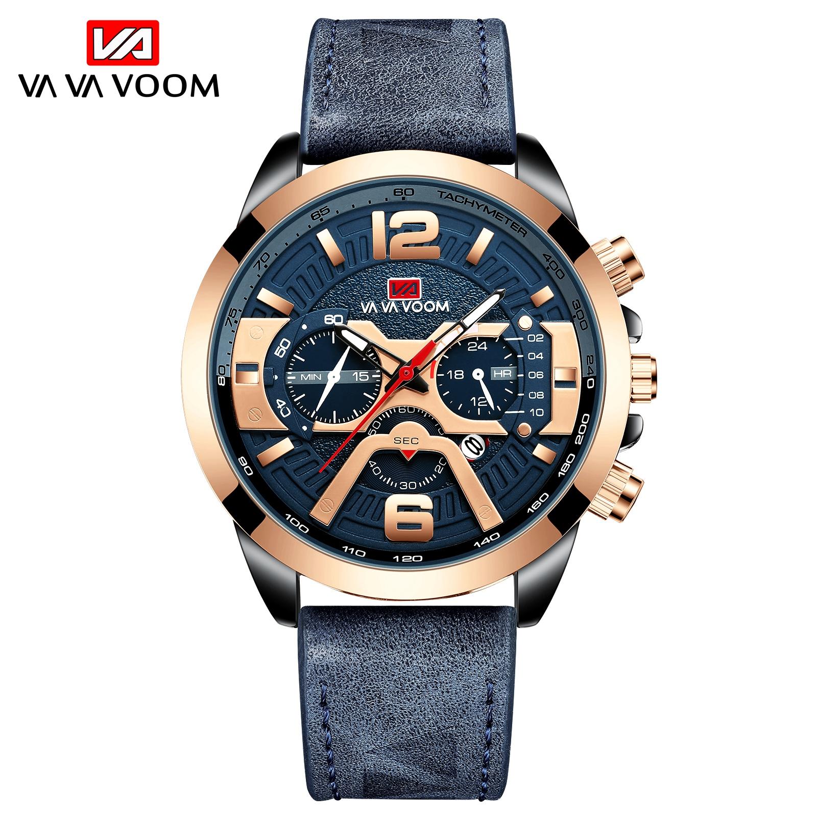 

VA VA VOOM Mens Quartz Годинники Нові Шість Голок 8329 Повсякденні чоловічі годинники Бізнес Водонепроникна дата Кварцовий годинник Чоловіки Мода Світяться Спортивний годинник рожевий колір золота/синій
