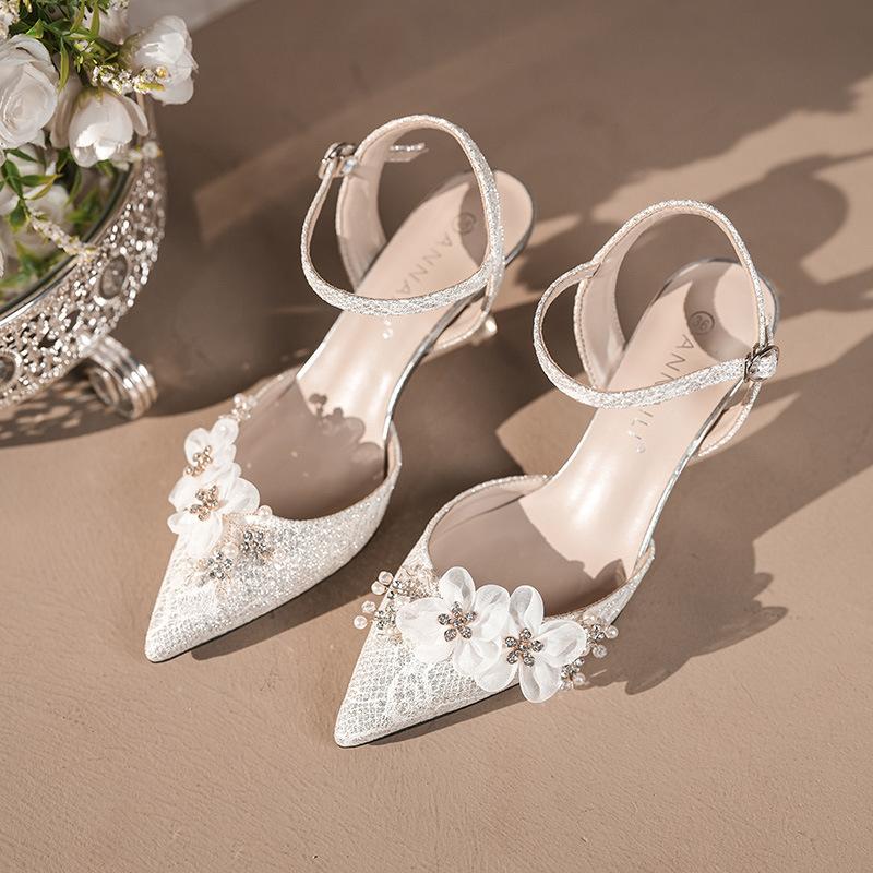 Fashion New Pointed Toe Stiletto Heels Silver Bridesmaid Wedding Shoes Backless Slingback Sandals Flower Embellished Party Dress Pumps