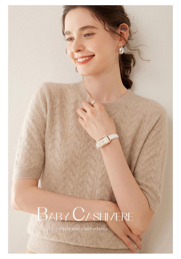 2024 Early Autumn/Winter Women's Cashmere Short Sleeve Hollow Cable Knit Sweater