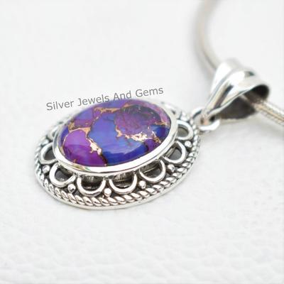 Purple Copper Turquoise 925 Sterling Silver Pendant, Handmade Oval Gemstone