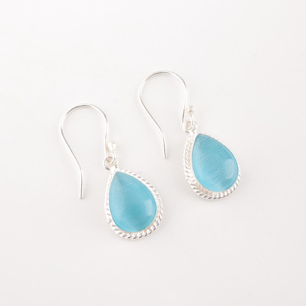 Genuine Blue Cat's Eye Gemstone 925 Solid Silver Jewelry Handmade Earrings 1.40" EE-9-42