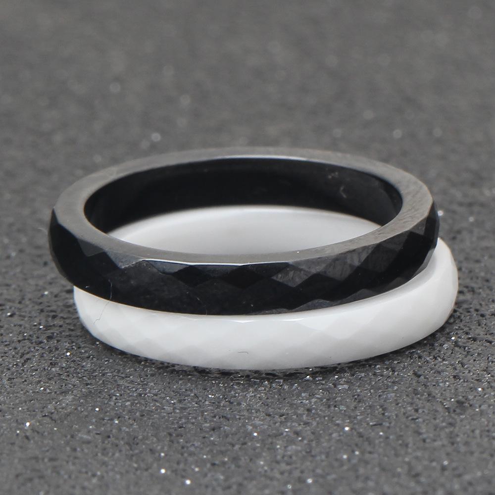 Faceted Ceramic Black and White Polished Diamond Ring, 3MM Wide, Simple and Versatile.