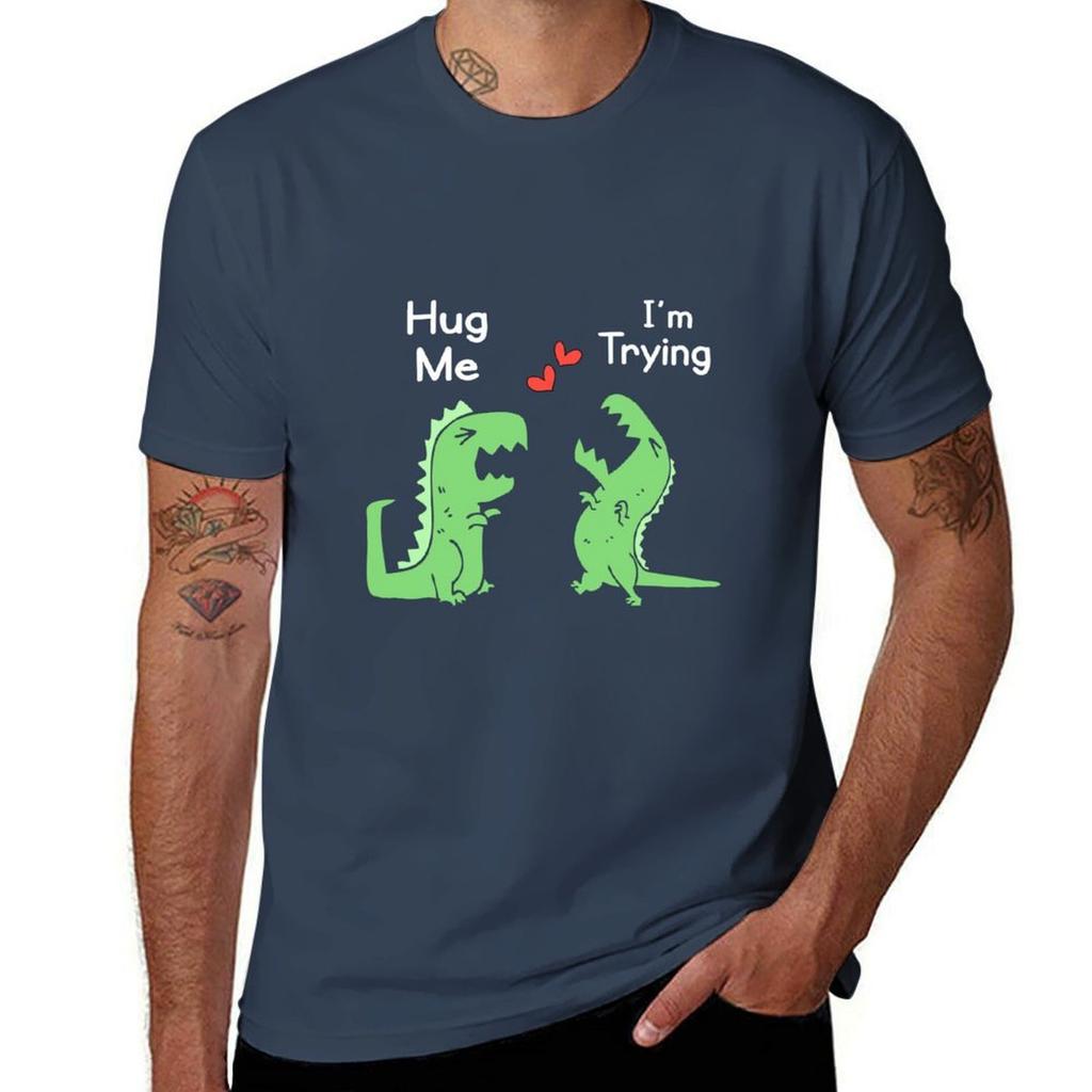 Trex Dinosaur Couple Hug Me Valentines Day Funny Tshirt Casual Simple Design Short Sleeve Shirt