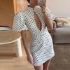 Vestito Mini Casual da Donna alla Moda a Pois con Intagli e Maniche a Sbuffa a Manica Corta con Collo Alto