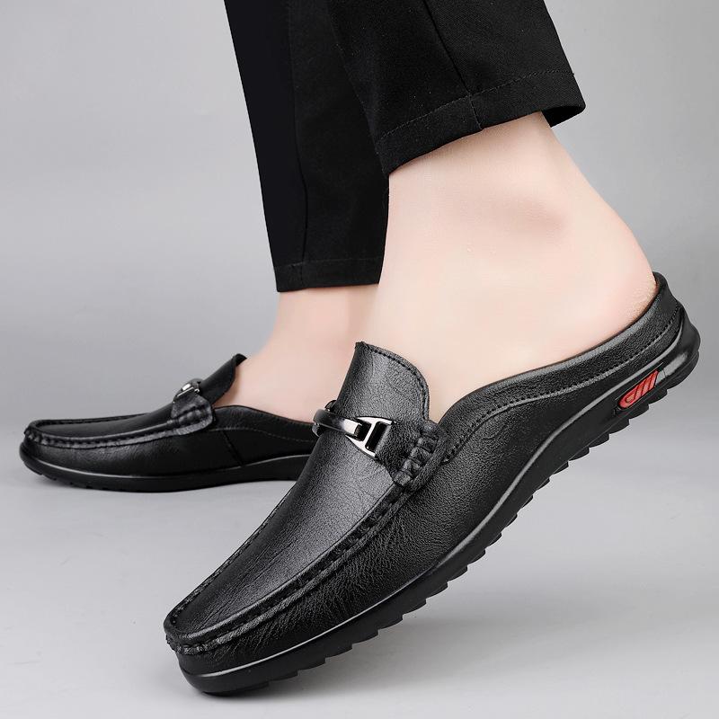 2025 men's shoes large size cool slippers genuine leather Doudou shoes men's soft-soled casual shoes foreign trade business dress half slippers