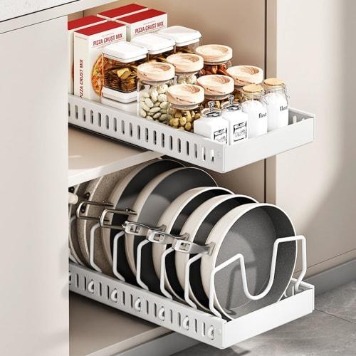 Set of 2 8-Compartment Frying Pan Rack, Drawer Storage, Pot Storage Sideboard, Frying Pan Stand, Pot, Cutting Board, Lid Holder, Drawer Storage
