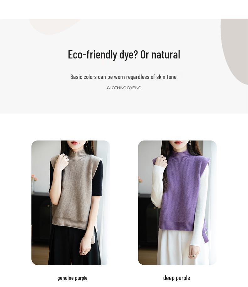 Women's 100% Pure Wool Sleeveless Knit Vest Shawl - Warm Autumn/Winter Layering Pullover with Half-High Collar