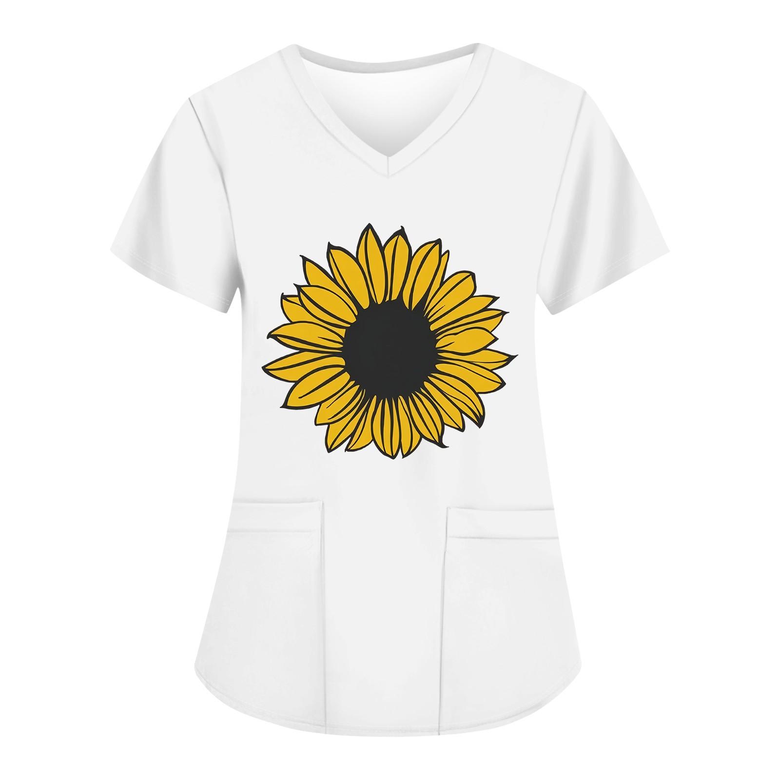 

Жіночі модні робочі футболки з принтом і V-подібним вирізом з короткими рукавами та кишенями M білий