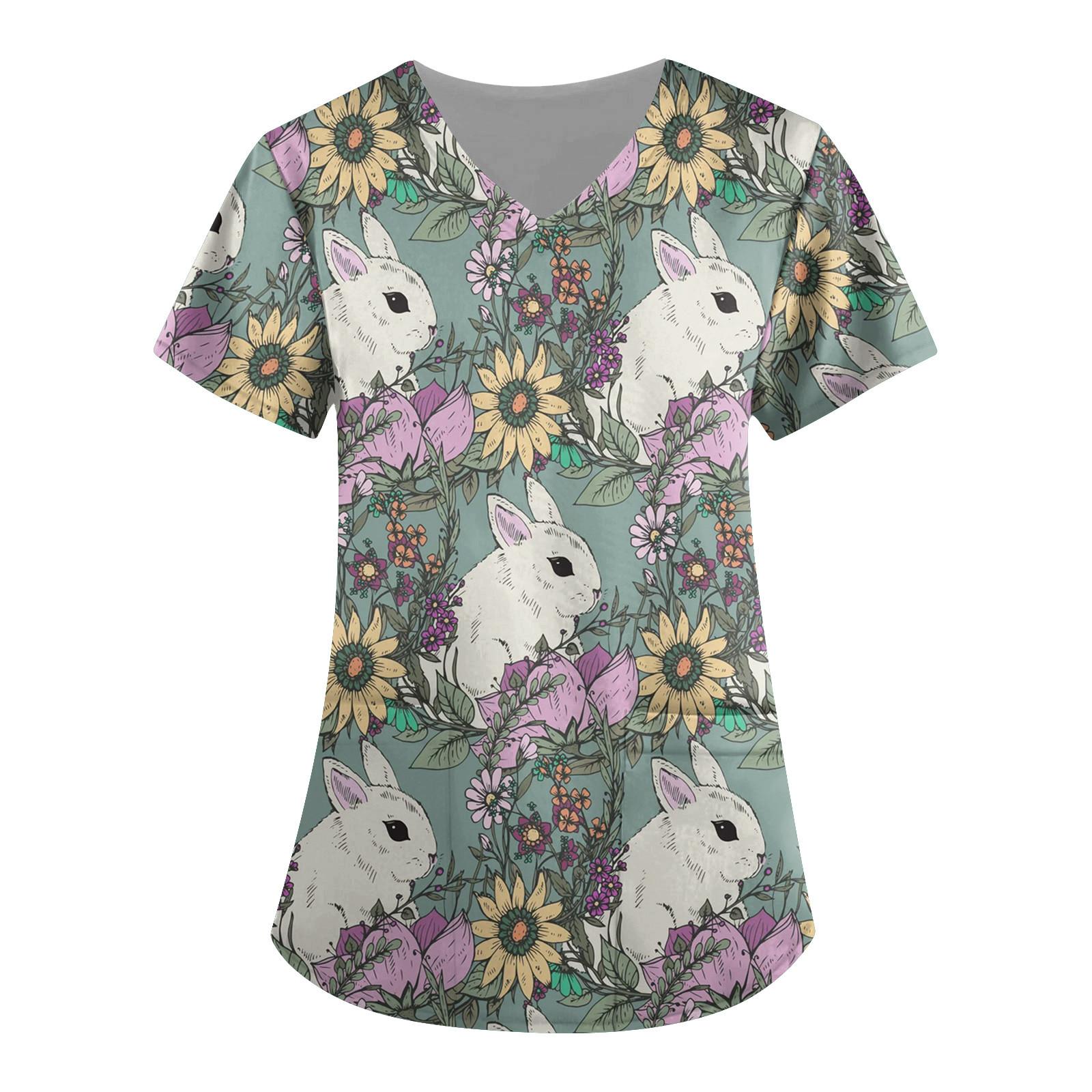 Women s Fashion Print Short-Sleeved V-Neck Caregiver Tops XL