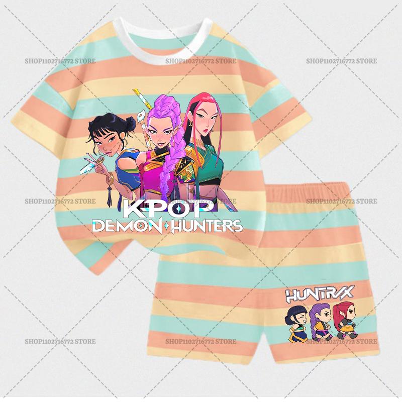KPop Demon Hunters Children Short Sleeve Shorts Set Fashion Summer Kid Clothes Boy Baby Cotton Tee Pant Outfits Girl Tracksuits