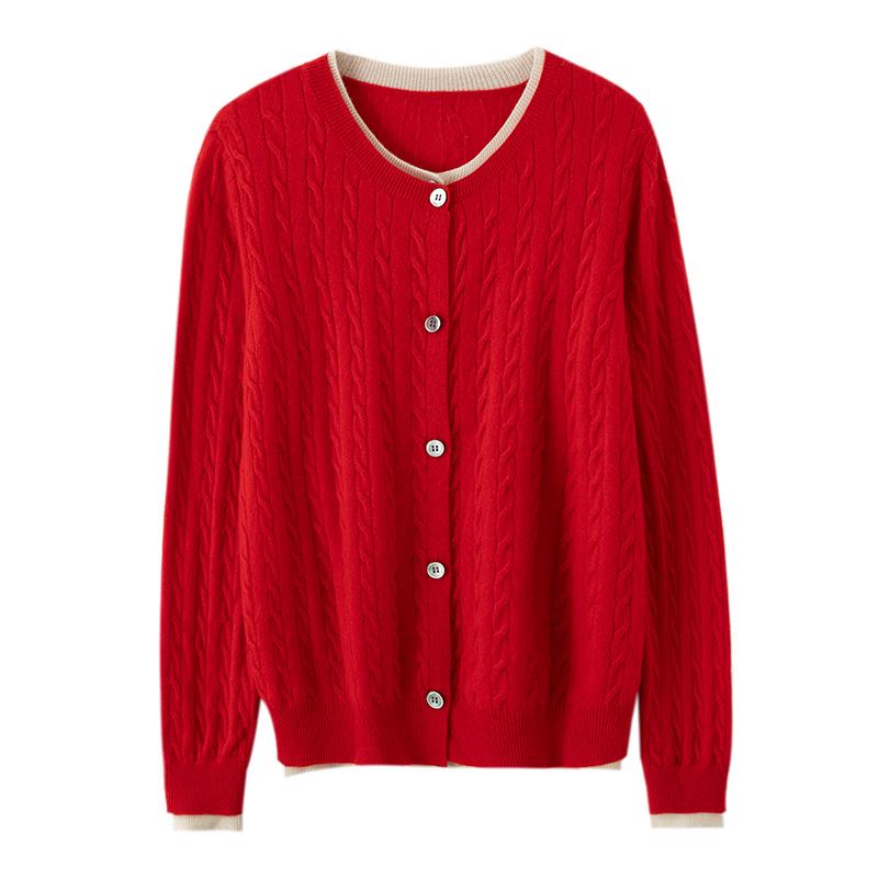 Round Neck Cable Knit Cashmere Color Block Cardigan - 2026 Autumn/Winter Women's Elegant Fake Two-Piece Style.