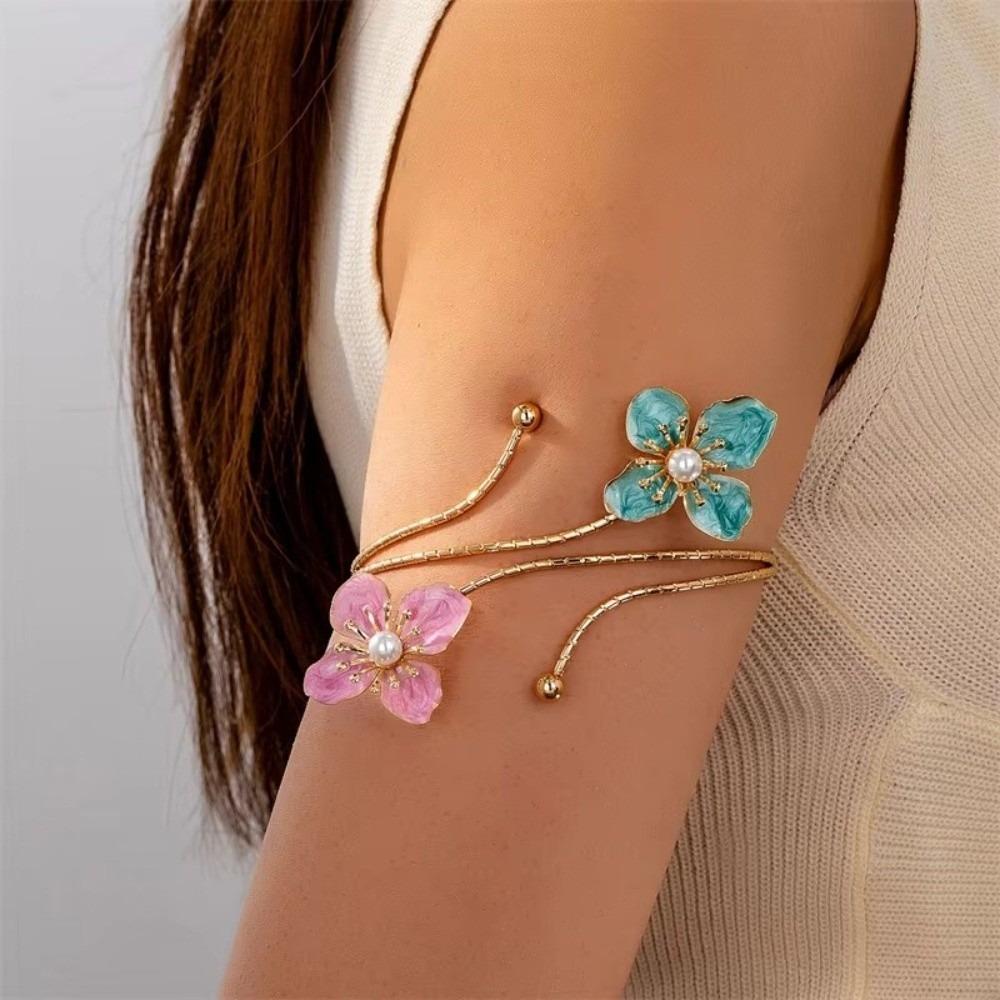 Elegant Floral Open Cuff Armlet Enamel Glaze Craft Open Arm Ring  For Women Girls