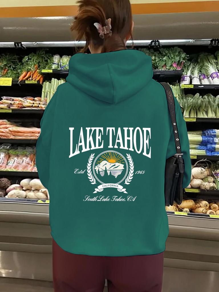 European and American Women's Hooded Long Sleeve Sweatshirt with Velvet and LAKE Print - Autumn and Winter Collection