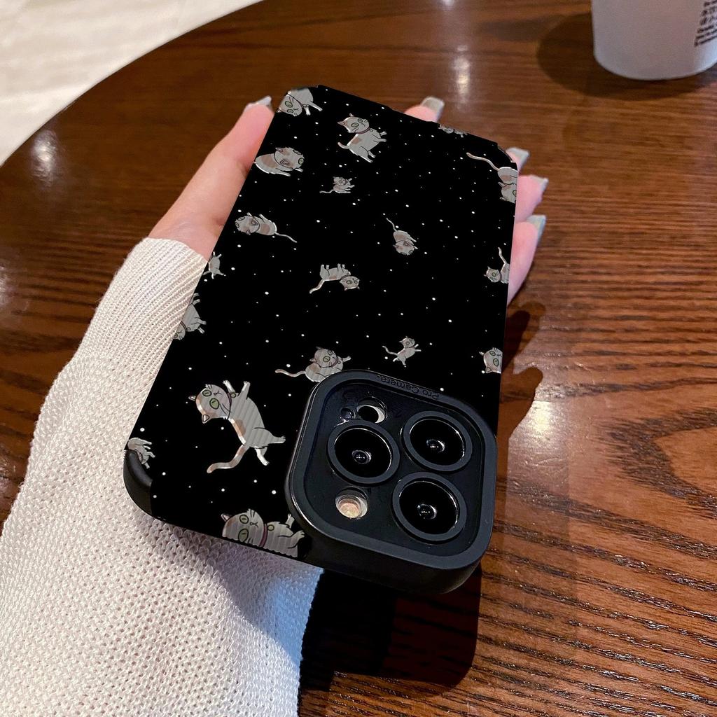 Süße Doodle Nachthimmel Kätzchen Handyhülle für iPhone 13 11 12 14 15 Pro Max Mini SE X XS Max XR 7 8 Plus Silikon Lederhülle