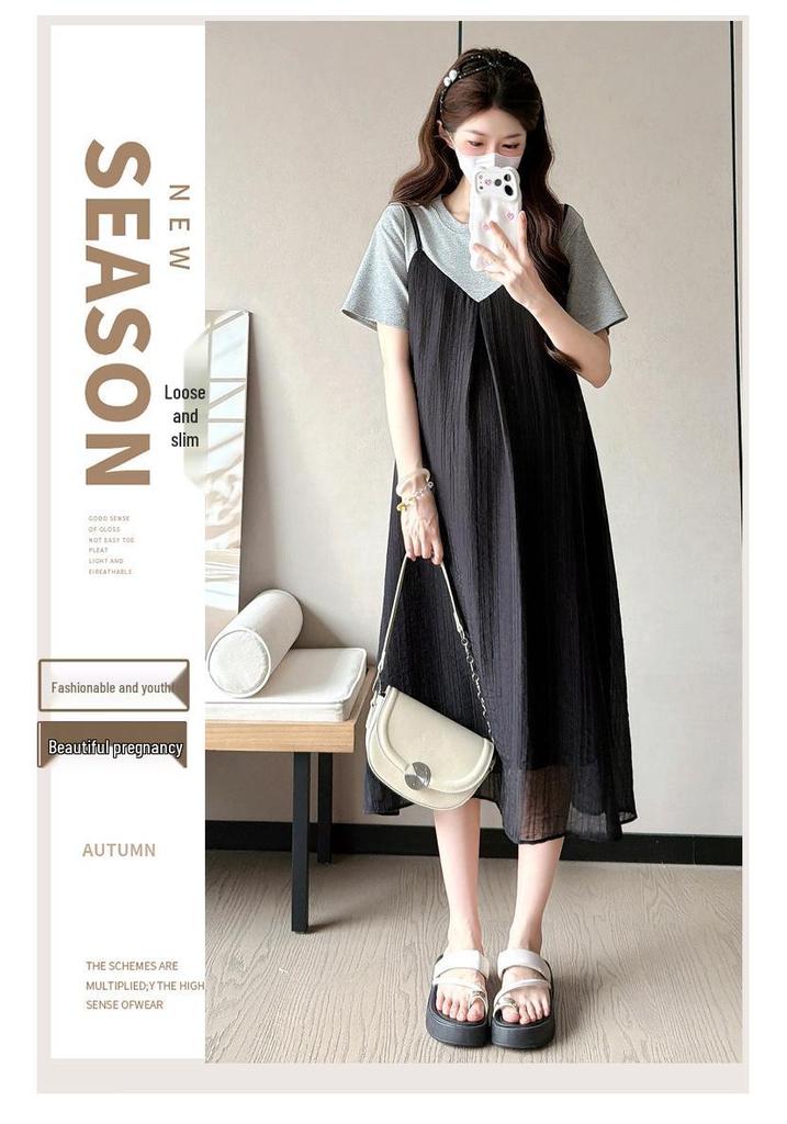 Korean Style Maternity Patchwork T-shirt Dress - Summer 2026, Spicy Mom Belly Covering, Slimming Plus Size, Trendy Two-Piece Look