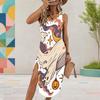 Women Plus Size White Sleeveless U Neck Halloween Ghost Pumpkin Printed Dress High Side Slit Curved Hem