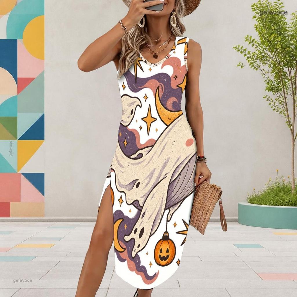 Women Plus Size White Sleeveless U Neck Halloween Ghost Pumpkin Printed Dress High Side Slit Curved Hem
