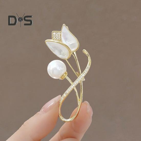Women Brooch Faux Pearl Rhinestone Tulip Shape Stainless Anti-slip Wear-resistant Coat Collar Hat Scarf Decoration Clothes Pin Garment Jewelry