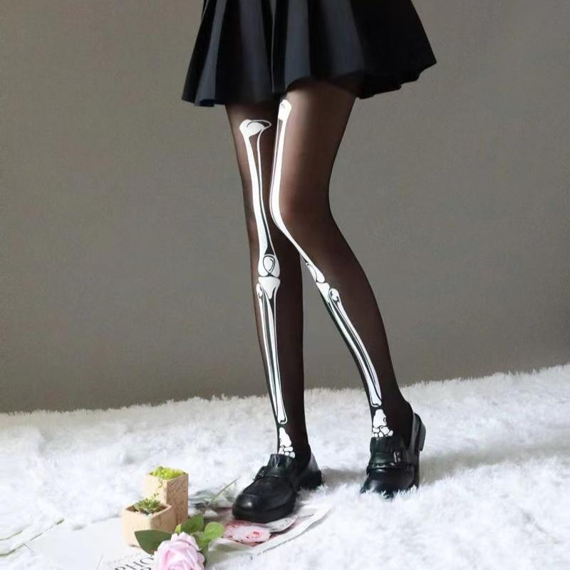 Women's Stockings Sexy Thin Black Thin Leggings Halloween Skeleton Silk Tights  Skull Print Pantyhose Cosplay Party