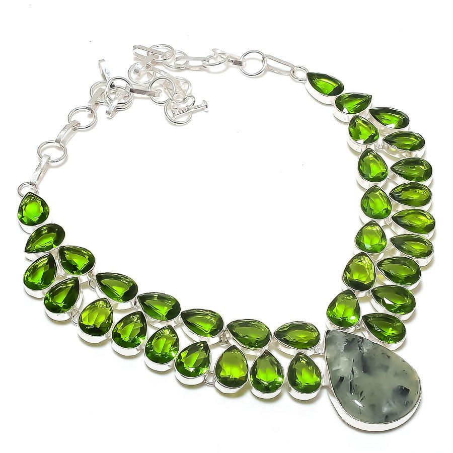 Natural Prehnite, Peridot Gemstone 925 Sterling Silver Jewelry Necklace 18" r5b59