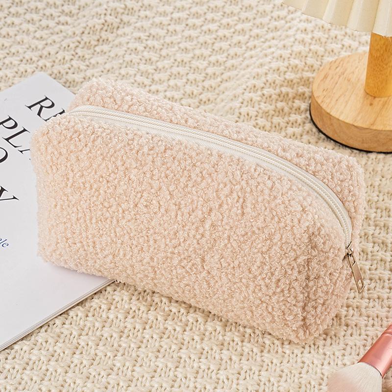 Cute Zipper Plush Large Solid Color Cosmetic Bag Makeup Bag for Women Travel Make Up Toiletry Bag Washing Pouch Pen Pouch