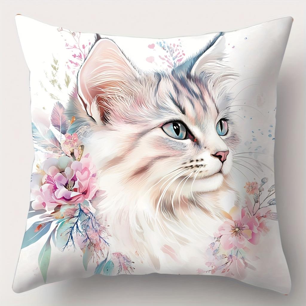 Cute Cat Floral Printed Cushion Pillow Home Decor Polyester Pillowcase, Sofa Decorative Cushion Cov Headboard Pillow