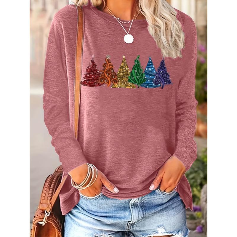 Christmas spring and autumn new positioning printed round neck long-sleeved loose top base T-shirt machine washable 5XL