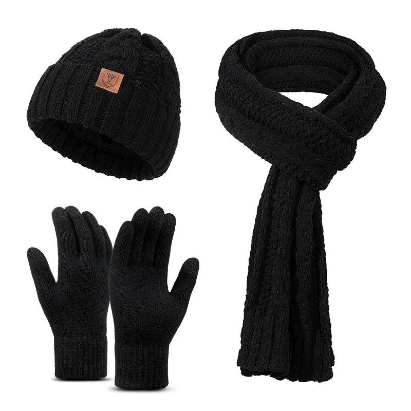 Winter Hat Scarf Gloves Three piece Set Men and Women Outdoor Plus Velvet Ear Protection Warm Knitted Hat Set