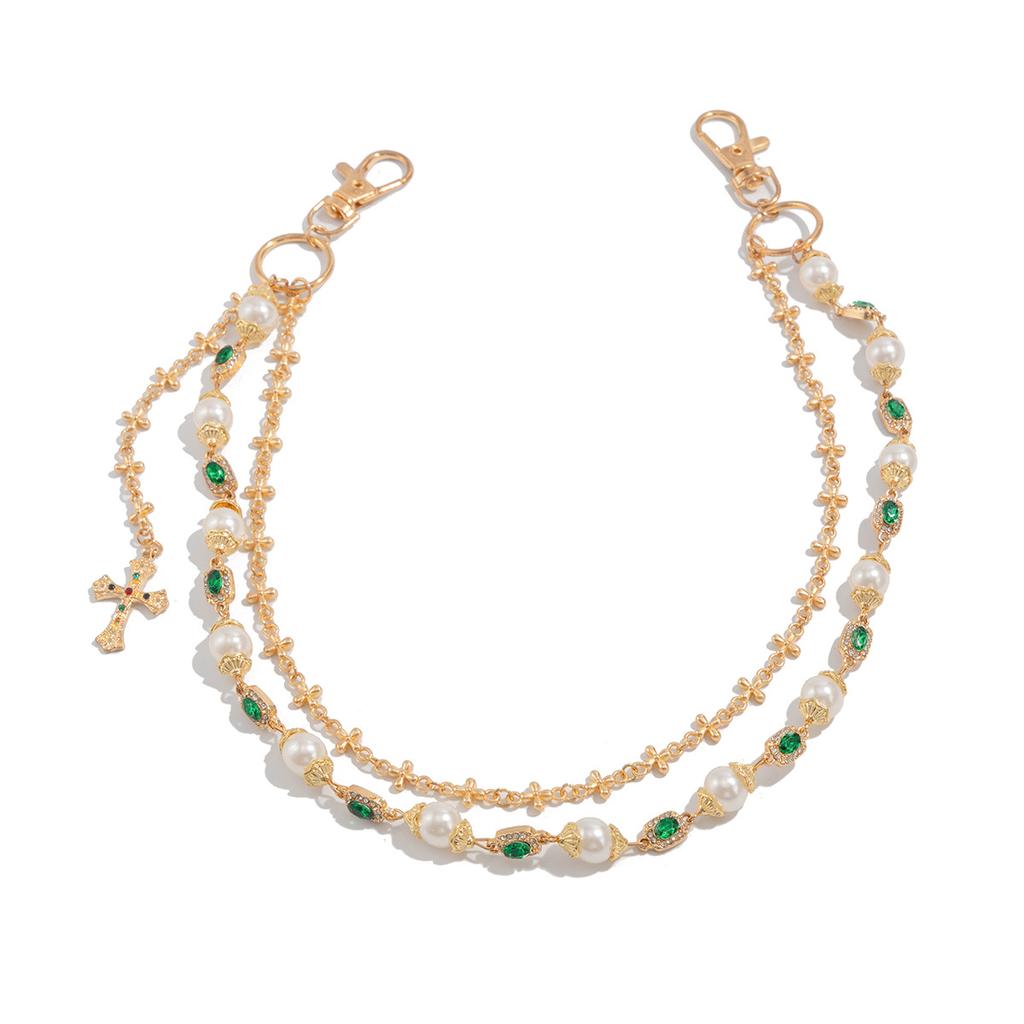 Hip-Hop Diamond-Encrusted Cross Pendant Waist Chain, Sweet And Cool Imitation Pearl Flower Chain Trouser Chain Pendant.