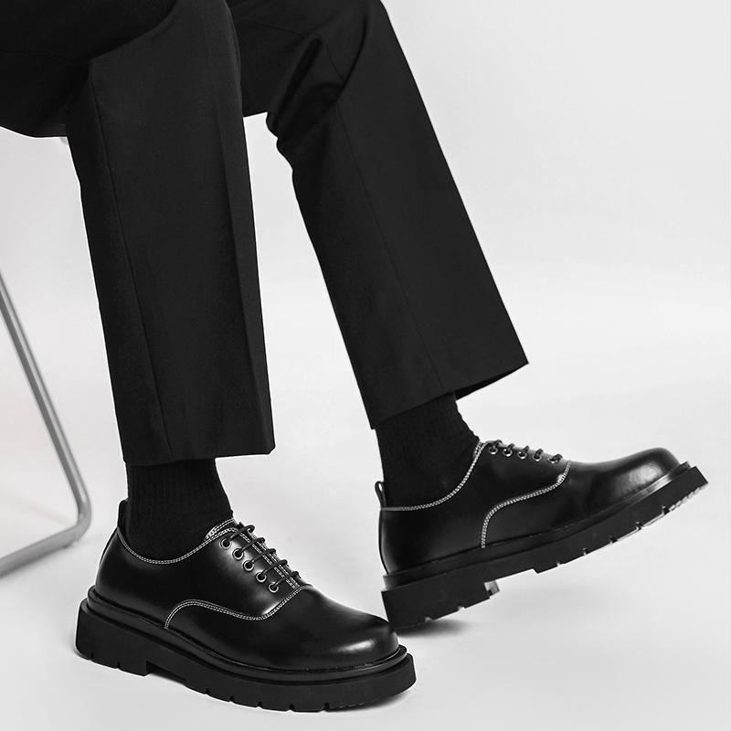 Men Genuine Leather Derby Shoes Male Square Toe Lace Up Platform Flats Business Dress Shoes Formal Wedding Footwear