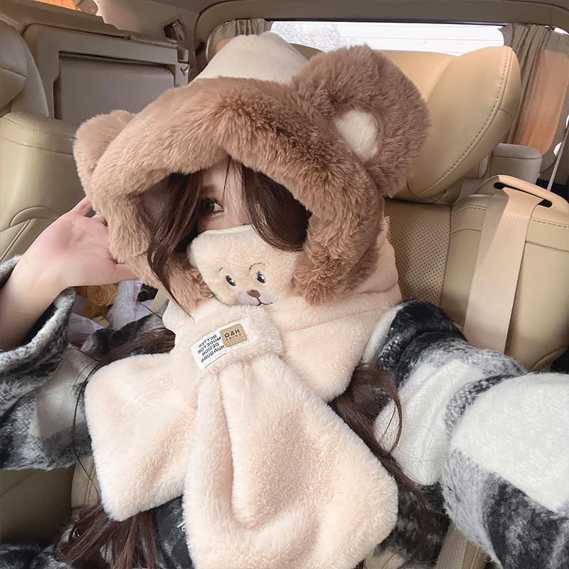 Warm strawberry bear three-piece bear hat scarf gloves integrated women's autumn and winter versatile cute plush ear protectors