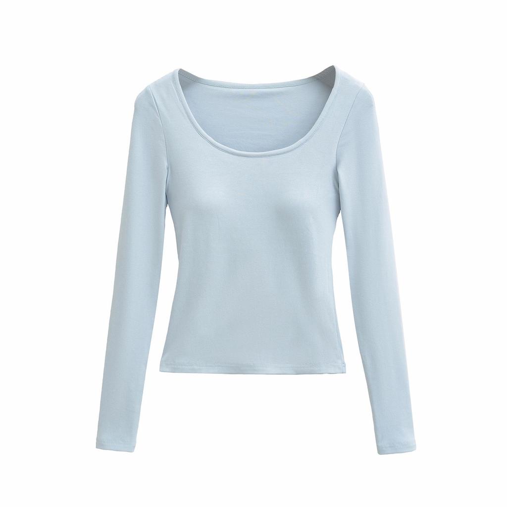2025 Autumn/Winter Women's Sexy Slim-Fit Long-Sleeve T-Shirt with Built-in Bra and U-Neck