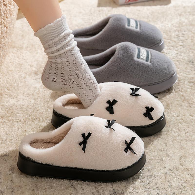 Cute Bow Cotton Slippers Autumn and Winter Indoor Home Cotton Mop Warm and Velvet Couple Hair Slippers