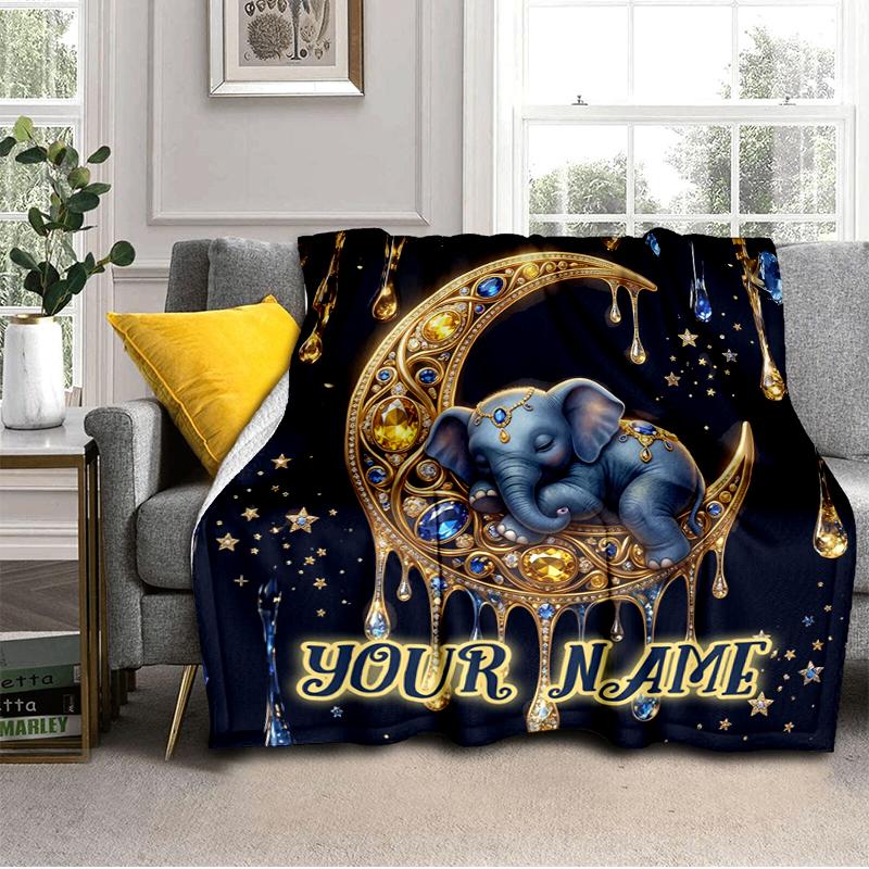 1PC Custom Name Ethereal Elephant Moon blanket versatile,all-season throw suitable for the living room,bedroom,camping,travel,and gift