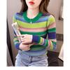Neuer Woll Herbst- und Winter Regenbogen gestreifter gestrickter Langarm-Pullover für Damen Dünner altersreduzierender Pullover Base