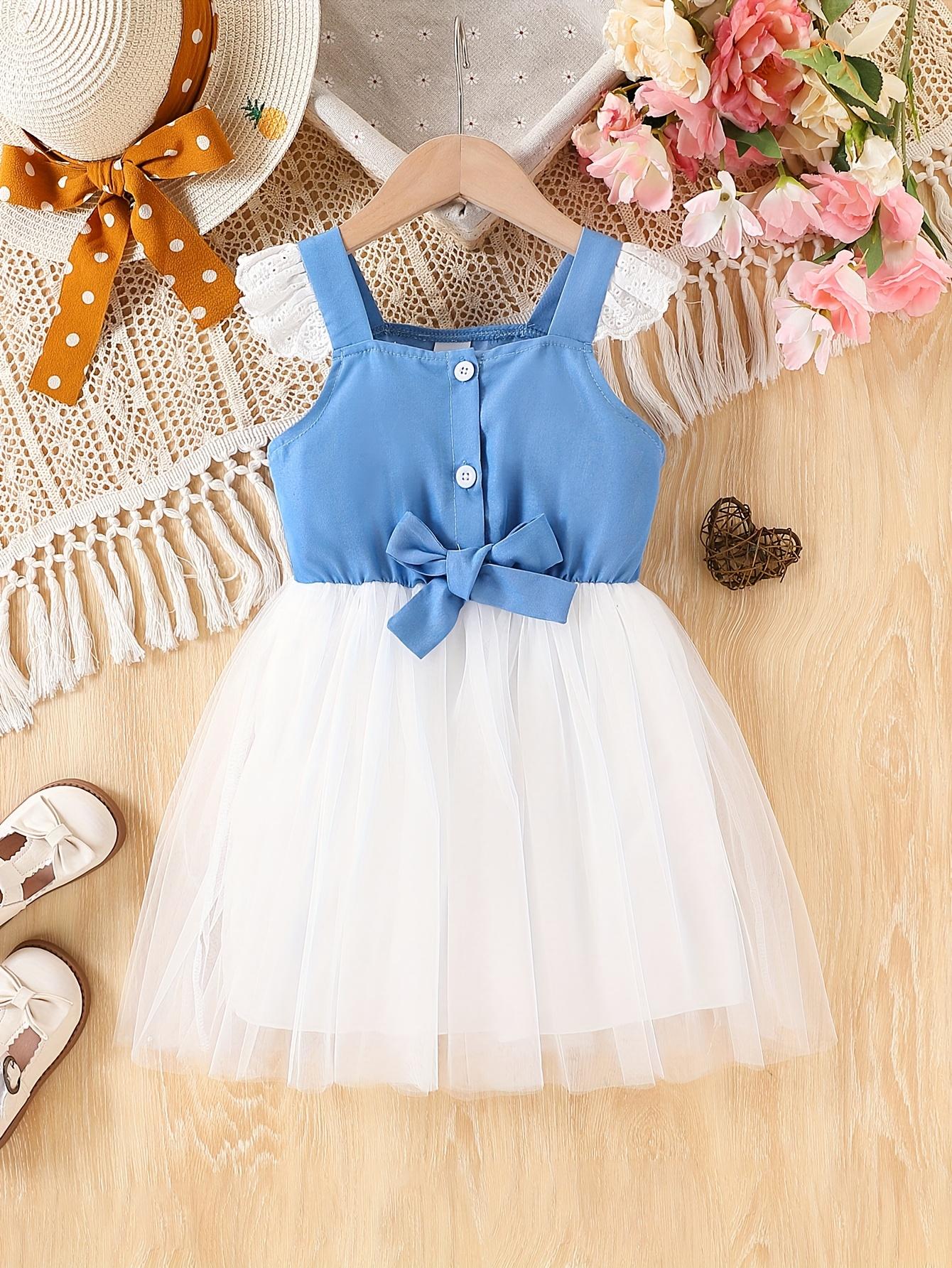 Toddler Girls Flying Sleeve Dress,Denim Spliced Double Layer Tulle Bow Casual Summer Outfit 4-7Y 4Y