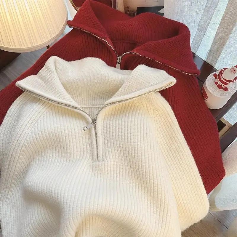 Half Zip Collar Sweater Women Pullovers Soft Knitted Long Sleeve Short Jumper Fall Winter Teen-girl Korean Fashion Outfit