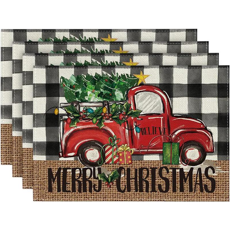 4Pcs Christmas Tree Elk Placemat Linen Dining Table Mats Coaster Bowl Coffee Cup Pad Mat 2025 Navidad Home Kitchen Decoration