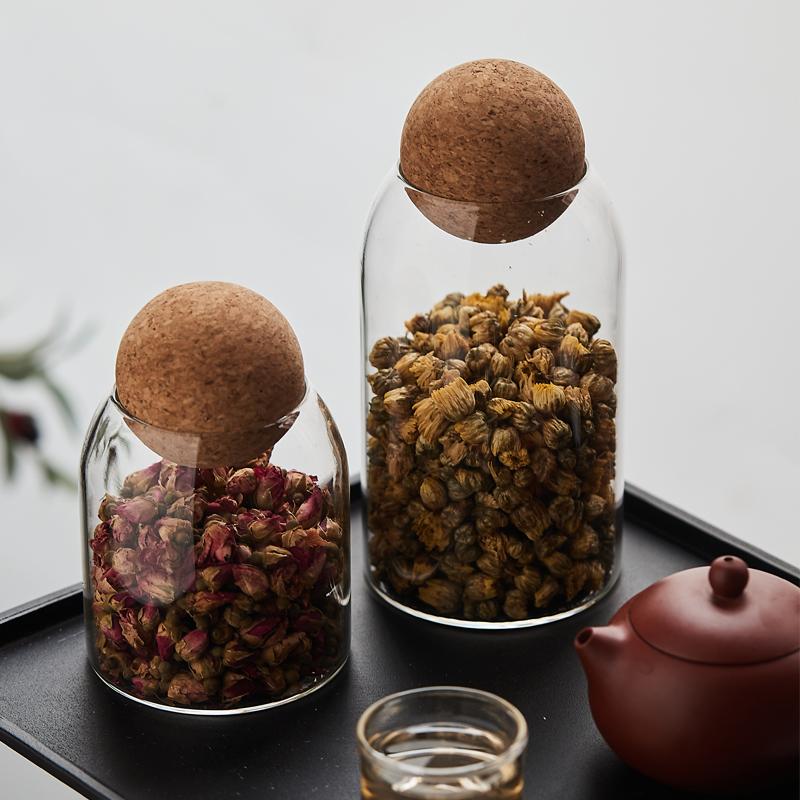 Hand-Blown Lead-Free High Borosilicate Glass Round Flower Tea Storage Transparent Container Glass Jars with Cork Stopper Lids