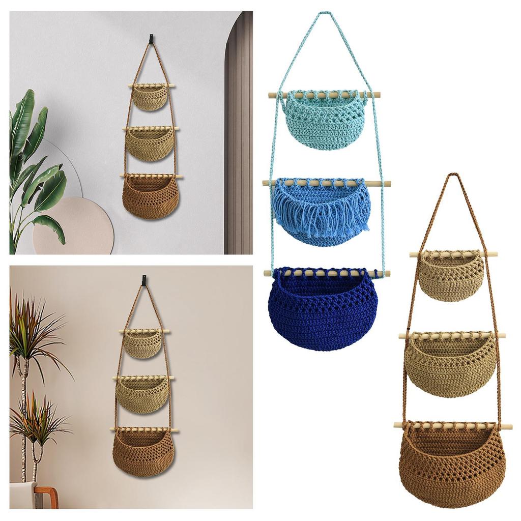 Macrame Hanging Basket Indoor Plant Holder Cotton Rope Wall Hanging Net Pockets for Organizing Garlic Vegetables Onion Kitchen