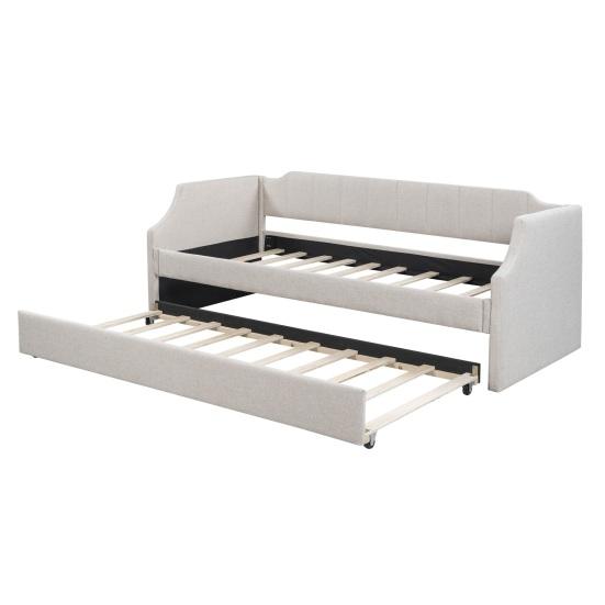 90x200cm Folding Bed Cotton Linen Fabric Day Bed with Pull-out Bed Headboard Strong Wood Slat Support Bed Home Furniture,