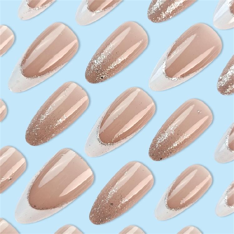 Medium Length Artificial Nail Press On Nail Sparkling Full Cover Stick On Nail White French Tip False Nail for Woman